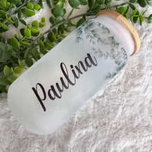 Load image into Gallery viewer, Bridesmaid Proposal Glass Coffee Cup, Glass Iced Coffee Cup with Bamboo Lid and Straw, Iced Coffee Glass, Gift for Friend, Coffee Aesthetic 16oz