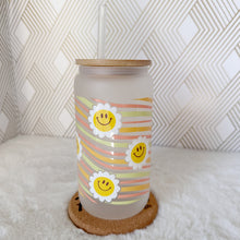 Load image into Gallery viewer, Retro Happy Smile Glass Coffee Cup, Groovy Glass Coffee Cup with Bamboo Lid and Straw, Iced Coffee Frosted Glass, Gift for Friend, Aesthetic 16oz