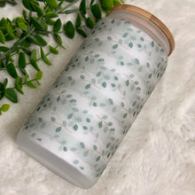 Load image into Gallery viewer, Eucalyptu Glass Coffee Cup, Eucalyptus Glass Iced Coffee Cup with Bamboo Lid and Straw, Iced Coffee Glass, Gift for Friend