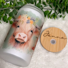 Load image into Gallery viewer, Highland Cow Glass Coffee Cup, Highland Cow Cute Glass Iced Coffee Cup with Bamboo Lid and Straw, Iced Coffee Glass, Gift Friend, Aesthetic 16oz