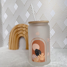 Load image into Gallery viewer, Boho Glass Coffee Cup, Monstera Glass Coffee Cup with Bamboo Lid and Straw, Iced Coffee Frosted Glass, Gift for Friend, Aesthetic UV DTF 16oz