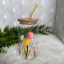 Load image into Gallery viewer, Flower Glass Coffee Cup, Tulip Flower Glass Iced Coffee Cup with Bamboo Lid and Straw, Iced Coffee Glass, Gift for Friend, Aesthetic UV DTF 16oz