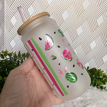 Load image into Gallery viewer, Watermelon Pink Glass Coffee Cup, Glass Iced Coffee Cup with Bamboo Lid and Straw, Iced Coffee Glass, Gift Friend, Aesthetic UV DTF 16oz