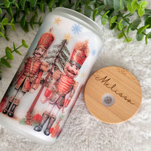 Load image into Gallery viewer, Christmas Nutcracker Glass Iced Coffee Cup with Bamboo Lid and Straw, Iced Coffee Glass, Gift for Friend, Coffee Aesthetic