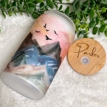 Load image into Gallery viewer, Sunset Coffee Cup, Sunset Mountain Glass Iced Coffee Cup with Bamboo Lid and Straw, Iced Coffee Glass, Gift for Friend, Aesthetic 16oz