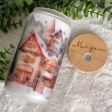 Load image into Gallery viewer, Christmas Village Glass Coffee Cup, Christmas Glass Iced Coffee Cup with Bamboo Lid and Straw, Iced Coffee, Gift for Friend, Coffee Aesthetic