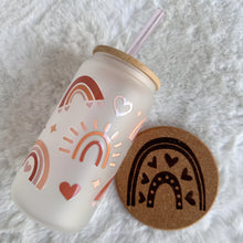 Load image into Gallery viewer, Boho Glass Coffee Cup, Rainbow Glass Coffee Cup with Bamboo Lid and Straw, Iced Coffee Frosted Glass, Gift for Friend, Aesthetic UV DTF 16oz