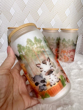 Load image into Gallery viewer, Cute Safari Woodland Glass Can, Glass Iced Coffee Cup with Bamboo Lid and Straw, Iced Coffee Glass Can, Gift for Friend, Coffee Aesthetic 16oz