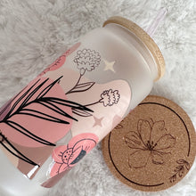 Load image into Gallery viewer, Boho Glass Coffee Cup, Pink Flower Glass Coffee Cup with Bamboo Lid and Straw, Iced Coffee Frosted Glass, Gift for Friend, Aesthetic UV DTF 16oz