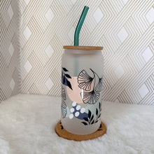 Load image into Gallery viewer, Abstract Leaf Glass Coffee Cup, Glass Coffee Cup with Bamboo Lid and Straw, Iced Coffee Frosted Glass, Gift for Friend, Aesthetic UV DTF 16oz