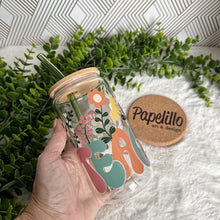 Load image into Gallery viewer, Teacher Glass Coffee Cup, Best Teacher Glass Iced Coffee Cup with Bamboo Lid and Straw, Iced Coffee Glass, Gift for Friend, Aesthetic UV DTF 16oz