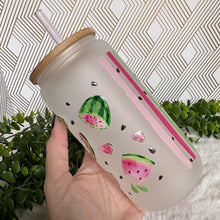 Load image into Gallery viewer, Watermelon Pink Glass Coffee Cup, Glass Iced Coffee Cup with Bamboo Lid and Straw, Iced Coffee Glass, Gift Friend, Aesthetic UV DTF 16oz