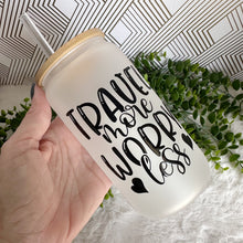 Load image into Gallery viewer, Girl Travel Glass Coffee Cup, Girl Glass Iced Coffee Cup with Bamboo Lid and Straw, Iced Coffee Glass, Gift Friend, Aesthetic UV DTF