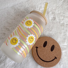 Load image into Gallery viewer, Retro Happy Smile Glass Coffee Cup, Groovy Glass Coffee Cup with Bamboo Lid and Straw, Iced Coffee Frosted Glass, Gift for Friend, Aesthetic 16oz