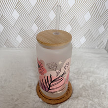 Load image into Gallery viewer, Boho Glass Coffee Cup, Pink Flower Glass Coffee Cup with Bamboo Lid and Straw, Iced Coffee Frosted Glass, Gift for Friend, Aesthetic UV DTF 16oz