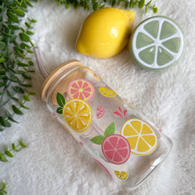 Load image into Gallery viewer, Lemon Glass Coffee Cup, Lemon Pink Glass Iced Coffee Cup with Bamboo Lid and Straw, Iced Coffee Glass, Gift for Friend, Aesthetic UV DTF 16oz