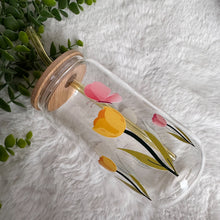 Load image into Gallery viewer, Flower Glass Coffee Cup, Tulip Flower Glass Iced Coffee Cup with Bamboo Lid and Straw, Iced Coffee Glass, Gift for Friend, Aesthetic UV DTF 16oz
