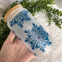 Load image into Gallery viewer, Mandala Glass Coffee Cup, Mandala Boho Glass Iced Coffee Cup with Bamboo Lid and Straw, Iced Coffee Glass, Gift for Friend, Coffee Aesthetic