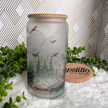 Load image into Gallery viewer, Mountain Trees Coffee Cup, Woodland Pine Tree Glass Iced Coffee Cup with Bamboo Lid and Straw, Iced Coffee Glass, Gift for Friend, Aesthetic