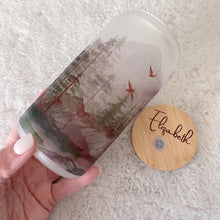 Load image into Gallery viewer, Mountain Trees Coffee Cup, Woodland Pine Tree Glass Iced Coffee Cup with Bamboo Lid and Straw, Iced Coffee Glass, Gift for Friend, Aesthetic