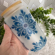 Load image into Gallery viewer, Mandala Glass Coffee Cup, Mandala Boho Glass Iced Coffee Cup with Bamboo Lid and Straw, Iced Coffee Glass, Gift for Friend, Coffee Aesthetic