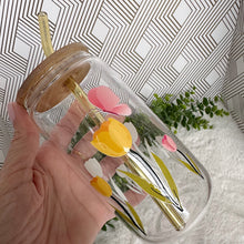 Load image into Gallery viewer, Flower Glass Coffee Cup, Tulip Flower Glass Iced Coffee Cup with Bamboo Lid and Straw, Iced Coffee Glass, Gift for Friend, Aesthetic UV DTF 16oz