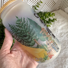 Load image into Gallery viewer, Camping Happy Place Coffee Cup, Pine Tree Glass Iced Coffee Cup with Bamboo Lid and Straw, Iced Coffee Glass, Gift for Friend, Aesthetic 16oz
