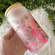 Load image into Gallery viewer, Pink Peonies Coffee Cup, Pink Floral Glass Iced Coffee Cup with Bamboo Lid and Straw, Iced Coffee Glass, Gift for Friend, Aesthetic