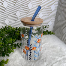 Load image into Gallery viewer, Flower Glass Coffee Cup, Yellow Flower Glass Iced Coffee Cup with Bamboo Lid and Straw, Iced Coffee Glass, Gift for Friend, Aesthetic UV DTF 16oz
