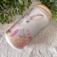 Load image into Gallery viewer, Easter Rabbit Glass Coffee Cup, Bunny Floral Iced Coffee Cup with Bamboo Lid and Straw, Easter Gift, Coffee Aesthetic 16oz