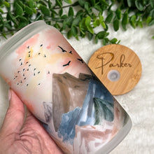 Load image into Gallery viewer, Sunset Coffee Cup, Sunset Mountain Glass Iced Coffee Cup with Bamboo Lid and Straw, Iced Coffee Glass, Gift for Friend, Aesthetic 16oz