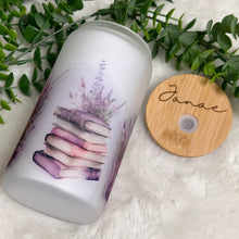 Load image into Gallery viewer, Lavender Glass Coffee Cup, Lavender Field Glass Iced Coffee Cup with Bamboo Lid and Straw, Iced Coffee, Gift for Friend, Coffee Aesthetic 16oz