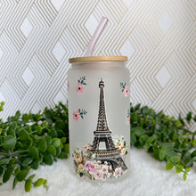 Load image into Gallery viewer, Torre Eiffel Glass Coffee Cup, Cute Paris Glass Iced Coffee Cup with Bamboo Lid and Straw, Iced Coffee Glass, Gift Friend, Aesthetic UV DTF