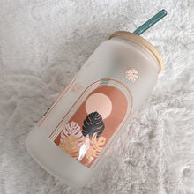 Load image into Gallery viewer, Boho Glass Coffee Cup, Monstera Glass Coffee Cup with Bamboo Lid and Straw, Iced Coffee Frosted Glass, Gift for Friend, Aesthetic UV DTF 16oz