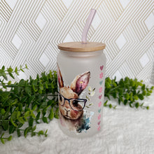 Load image into Gallery viewer, Cute Rabbit Glass Coffee Cup, Rabbit Glass Iced Coffee Cup with Bamboo Lid and Straw, Iced Coffee Glass, Gift Friend, Aesthetic UV DTF 16oz