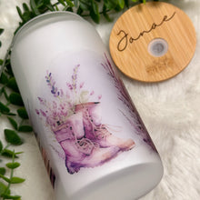 Load image into Gallery viewer, Lavender Glass Coffee Cup, Lavender Field Glass Iced Coffee Cup with Bamboo Lid and Straw, Iced Coffee, Gift for Friend, Coffee Aesthetic 16oz