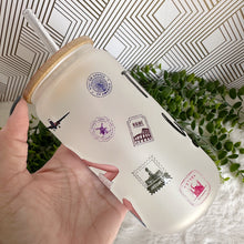 Load image into Gallery viewer, Girl Travel Glass Coffee Cup, Girl Glass Iced Coffee Cup with Bamboo Lid and Straw, Iced Coffee Glass, Gift Friend, Aesthetic UV DTF