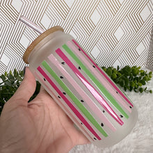 Load image into Gallery viewer, Watermelon Pink Glass Coffee Cup, Glass Iced Coffee Cup with Bamboo Lid and Straw, Iced Coffee Glass, Gift Friend, Aesthetic UV DTF 16oz