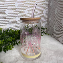 Load image into Gallery viewer, The Ferris Wheel Glass Coffee Cup, Glass Iced Coffee Cup with Bamboo Lid and Straw, Iced Coffee Glass, Gift for Friend, Aesthetic UV DTF 16oz