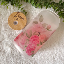 Load image into Gallery viewer, Pink Peonies Coffee Cup, Pink Floral Glass Iced Coffee Cup with Bamboo Lid and Straw, Iced Coffee Glass, Gift for Friend, Aesthetic