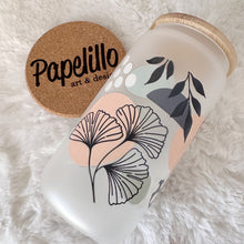 Load image into Gallery viewer, Abstract Leaf Glass Coffee Cup, Glass Coffee Cup with Bamboo Lid and Straw, Iced Coffee Frosted Glass, Gift for Friend, Aesthetic UV DTF 16oz