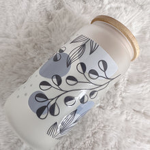 Load image into Gallery viewer, Leaf Blue Glass Coffee Cup, Leaf Glass Coffee Cup with Bamboo with Lid and Straw, Iced Coffee Glass, Gift for Friend, Aesthetic UVDTF 16oz