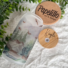 Load image into Gallery viewer, Mountain Trees Coffee Cup, Woodland Pine Tree Glass Iced Coffee Cup with Bamboo Lid and Straw, Iced Coffee Glass, Gift for Friend, Aesthetic