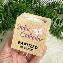 Load image into Gallery viewer, Baby Shower Girl Favors, Handmade Wooden Candle Holder, Personalized Tealight Holder, Baptism Candle Favor, Confirmation, Christening Favors