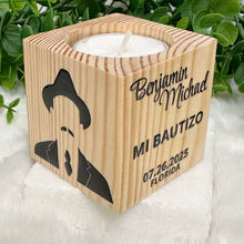 Load image into Gallery viewer, Baby Shower Favors, Handmade Wooden Candle Holder, Personalized Tealight Holder, Baptism Candle Favor, Confirmation, Jose Gregorio Hernandez