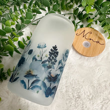 Load image into Gallery viewer, Floral Glass Coffee Cup, Blue Floral Glass Iced Coffee Cup with Bamboo Lid and Straw, Iced Coffee Glass, Gift for Friend, Coffee Aesthetic