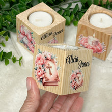 Load image into Gallery viewer, Baby Shower Favors, Handmade Wooden Candle Holder, Personalized Tealight Holder, Baptism Candle Favor, Confirmation, Christening Favors