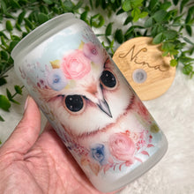 Load image into Gallery viewer, Owl Glass Coffee Cup, Owl Cute Glass Iced Coffee Cup with Bamboo Lid and Straw, Iced Coffee Glass, Gift for Friend, Aesthetic, 16oz