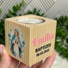 Load image into Gallery viewer, Baby Shower Virgin Mary Favors, Handmade Wooden Candle Holder, Personalized Tealight Holder, Baptism Candle Favor, Confirmation, Christening Favors