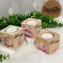 Load image into Gallery viewer, Baby Shower Favors, Handmade Wooden Candle Holder, Personalized Tealight Holder, Baptism Candle Favor, Confirmation, Christening Favors